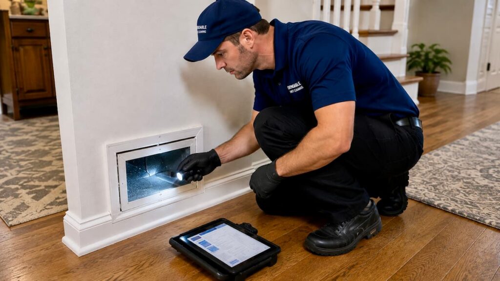 A technician examines a return air grate.