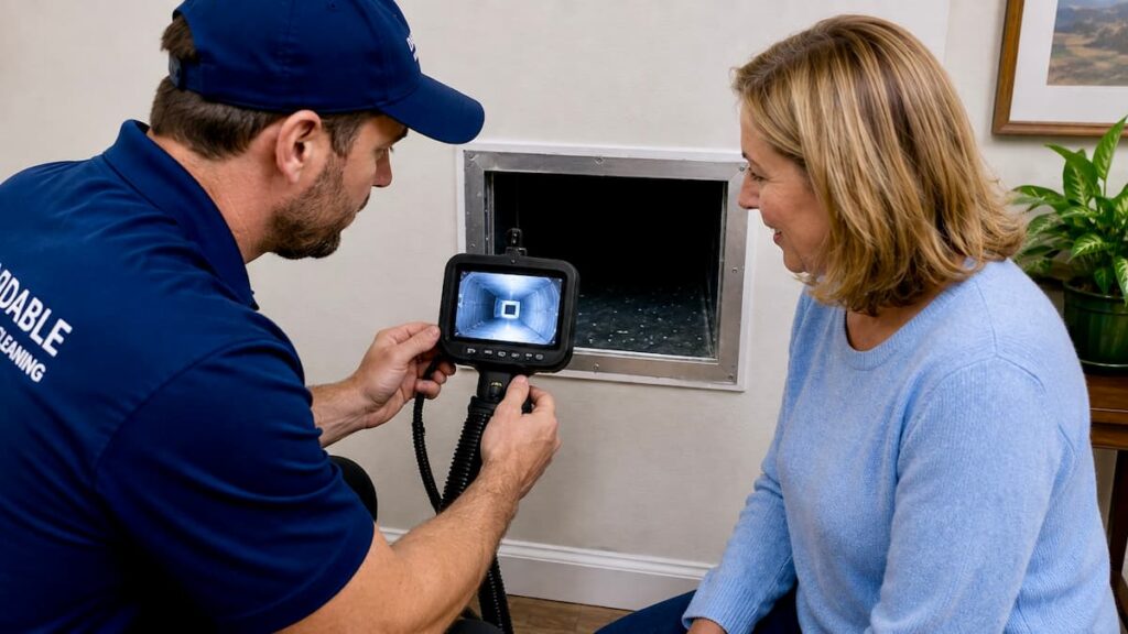 A technician showing a homeowner the interior of a freshly cleaned duct using a small inspection camera