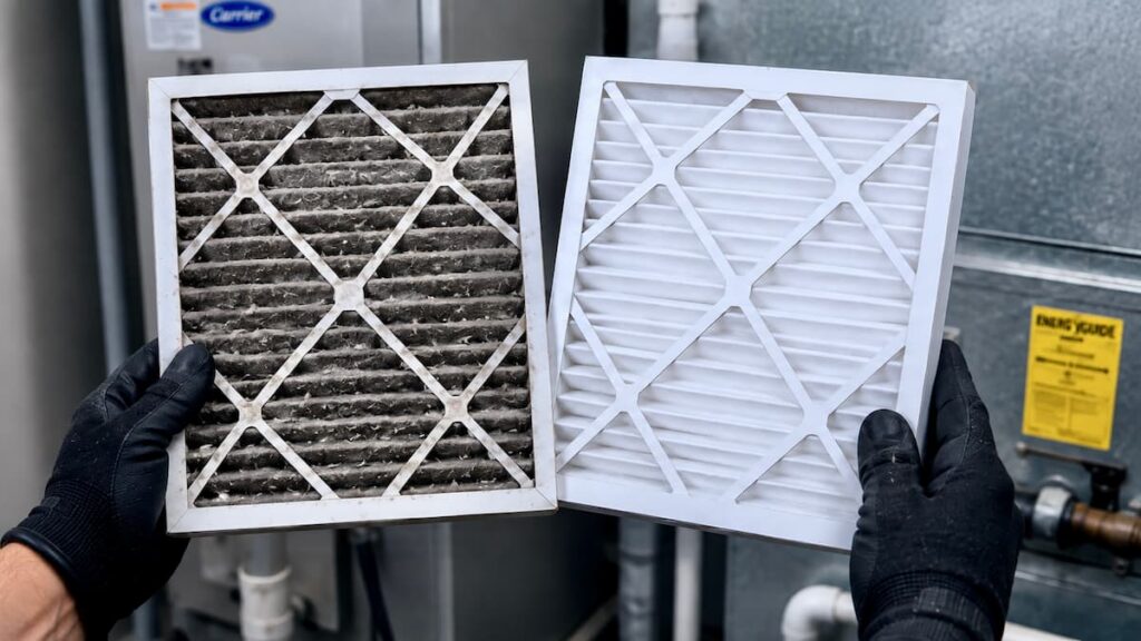 Close-up of a clogged high-MERV furnace filter showing gray dust loading after several months of use.