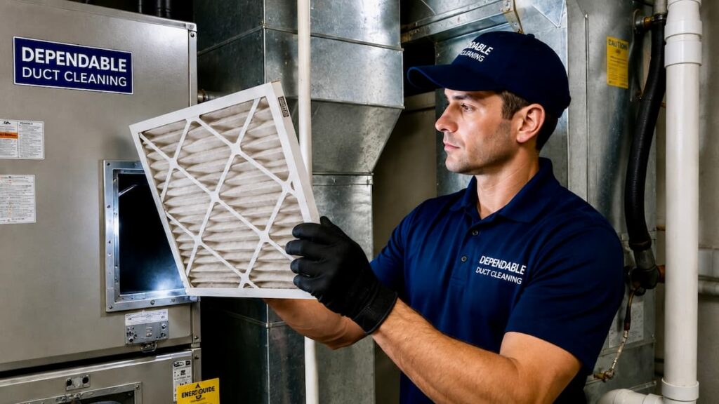 Dependable Duct Cleaning technician checking furnace filter fit in residential air handler unit.