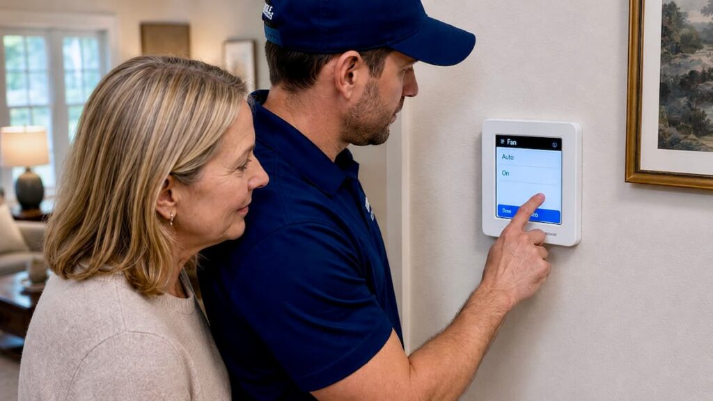 Dependable Duct Cleaning technician discussing filter options during free in-home air duct assessment visit.