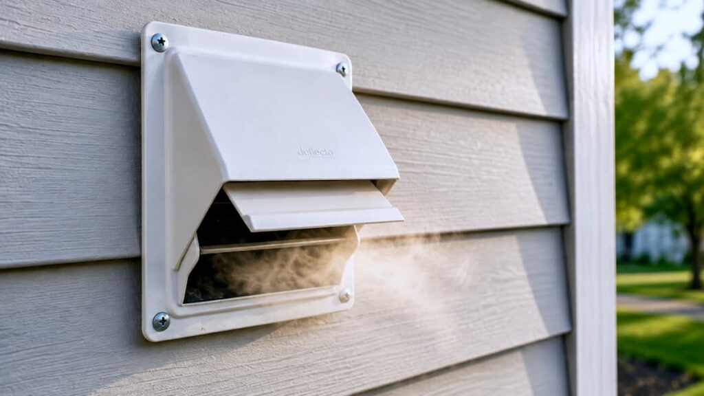 Exterior dryer vent hood on Connecticut home showing visible airflow.