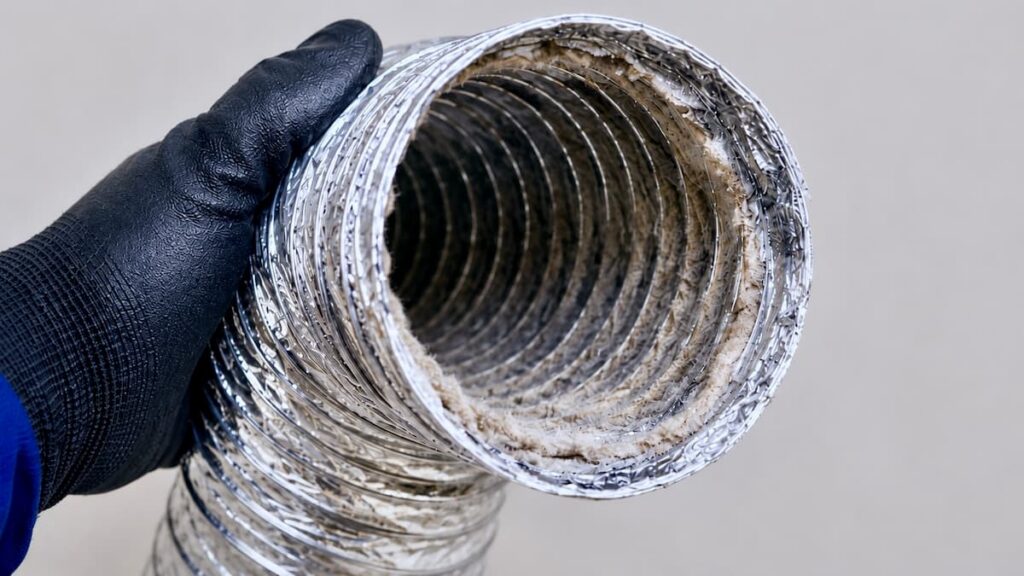 Flexible foil accordion dryer vent transition duct showing lint accumulation in ridges.