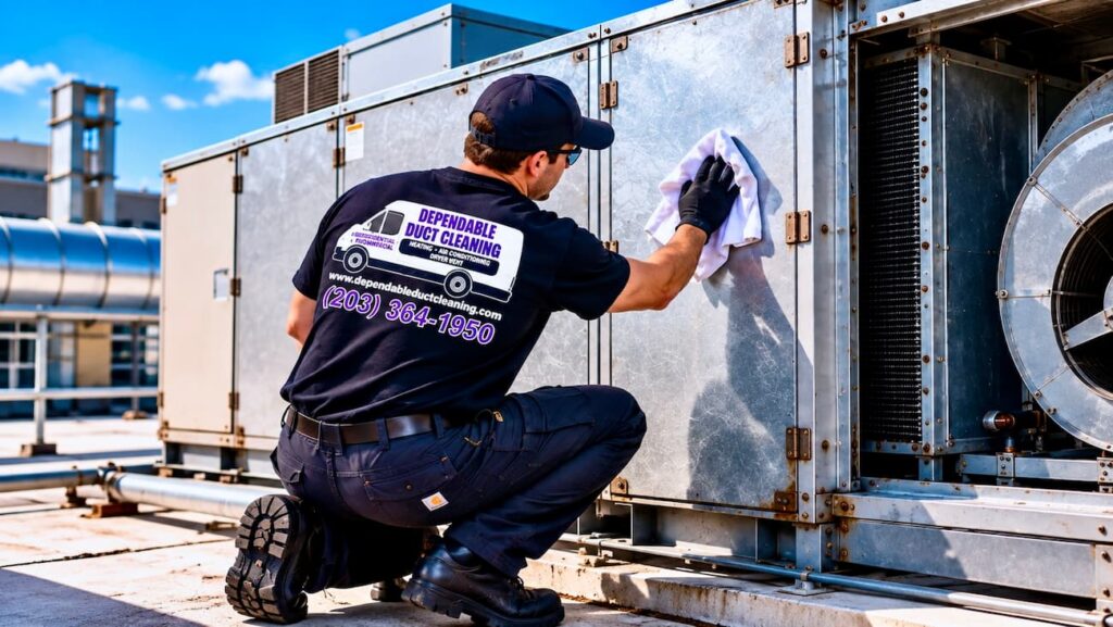 Final cleaning touches a rooftop commercial HVAC unit on a commercial building in Connecticut.