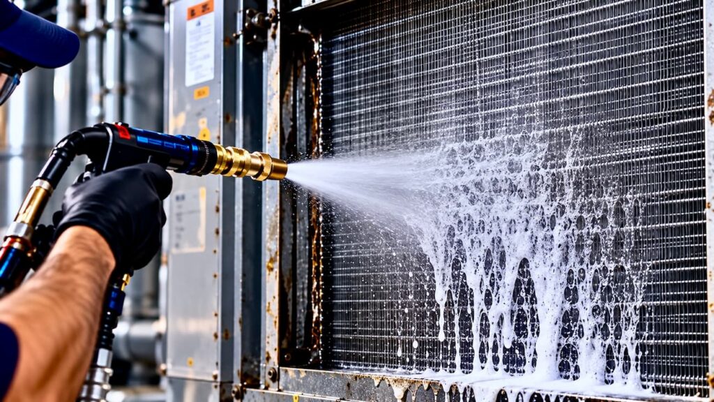 Professional cleaning of HVAC condenser unit.