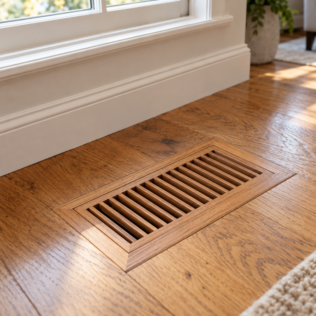 wooden floor vent set into hardwood flooring beside a sunlit window
